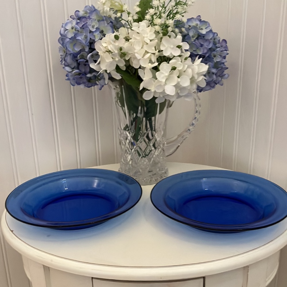 Arcoroc Cobalt Blue Wide Rim Soup Bowls, 8  1/2” Across x 1 1/4” Deep. Pair